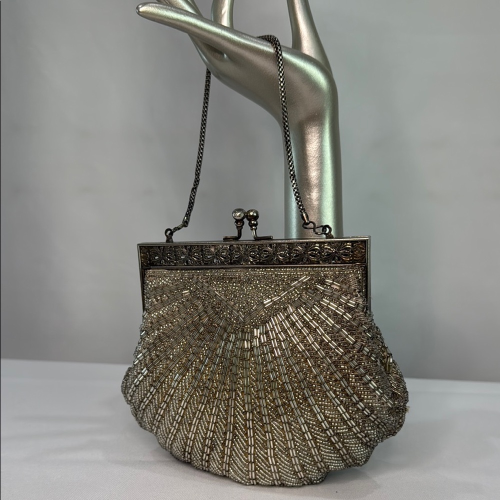 Vintage Beaded Silver Glass Evening Purse